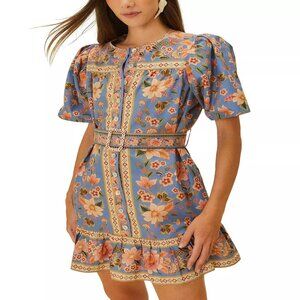 Farm Rio Superbloom Tapestry Organic Cotton Mini Dress Size XL Blue Pink